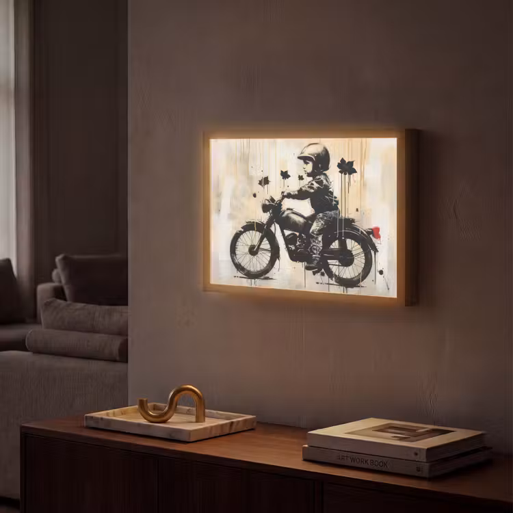 Street art - Motor - Jongen - Graffiti - Banksy Style Light Box met batterij (Wandlamp) middel -sfeer1