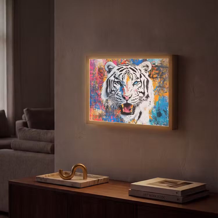 Street art - Tijger - Wit - Graffiti - Dieren Light Box met batterij (Wandlamp) middel -sfeer1