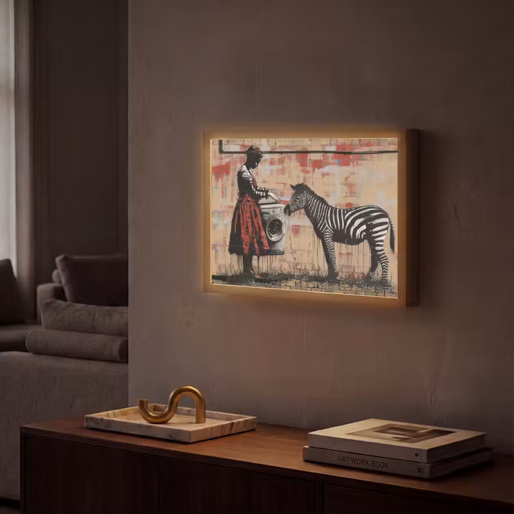 Street art - Zebra - Vrouw - Dieren - Graffiti - Banksy Style Light Box met batterij (Wandlamp) middel -sfeer1