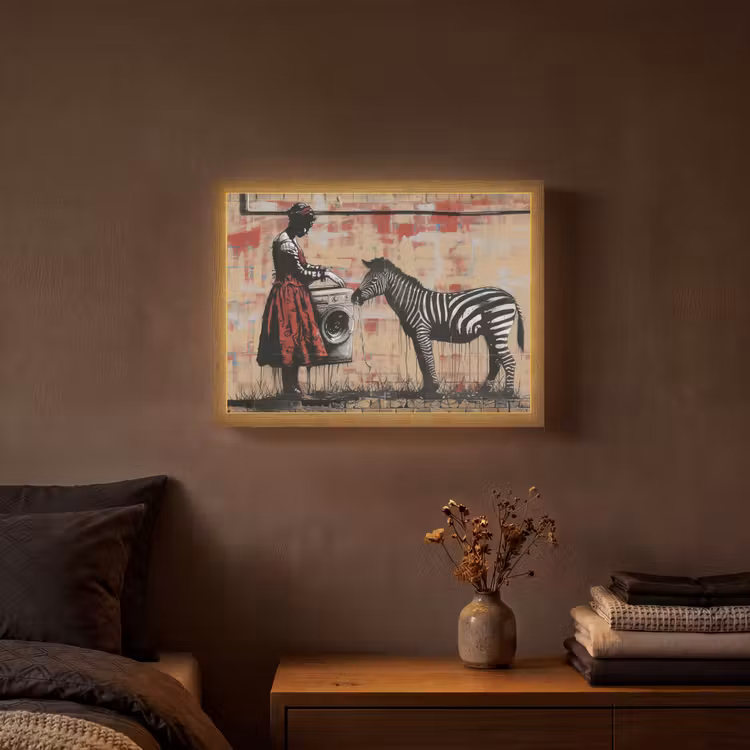 Street art - Zebra - Vrouw - Dieren - Graffiti - Banksy Style Light Box met batterij (Wandlamp) middel -sfeer4