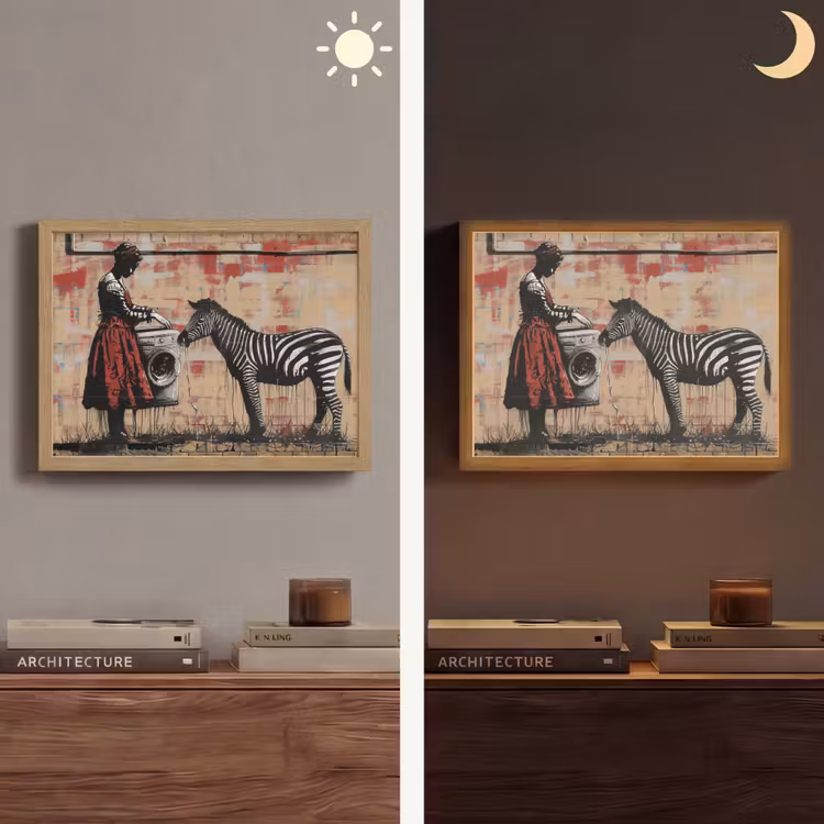 Street art - Zebra - Vrouw - Dieren - Graffiti - Banksy Style Light Box met batterij (Wandlamp) middel -sfeer3