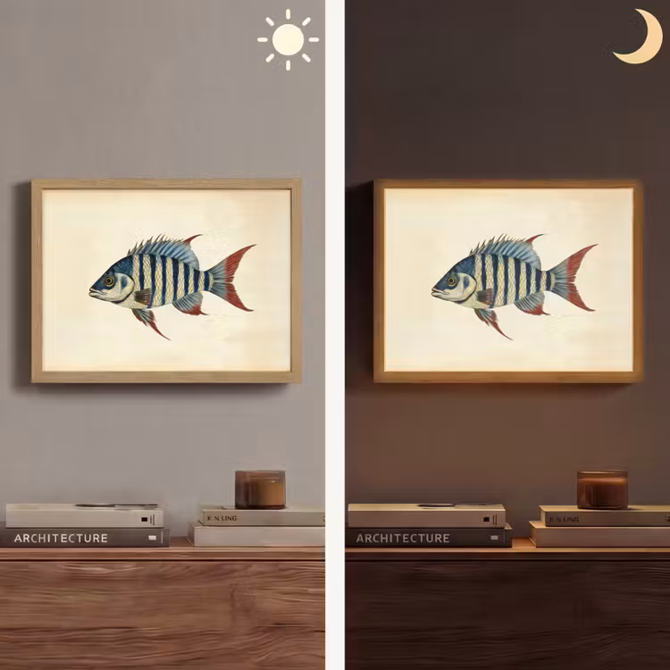 Gestreept - Donkerblauw - Rugvin - Vis Light Box met batterij (Wandlamp) middel -sfeer3