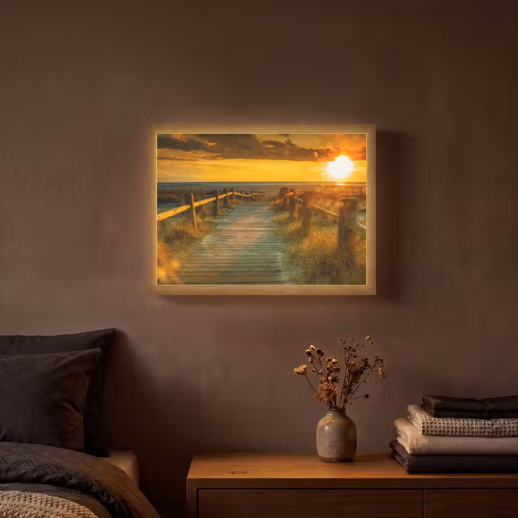 Zon - Strand - Duin - Horizon - Gras - Pad - Oranje Light Box met batterij (Wandlamp) middel -sfeer4