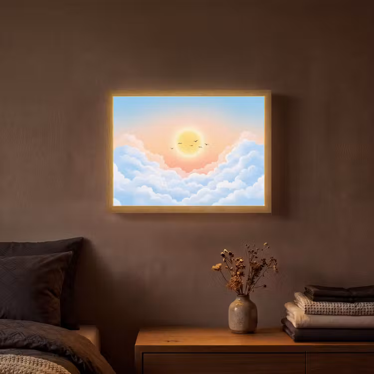 Zon - Vogels - Lucht - Natuur - Geel Light Box met batterij (Wandlamp) middel -sfeer4