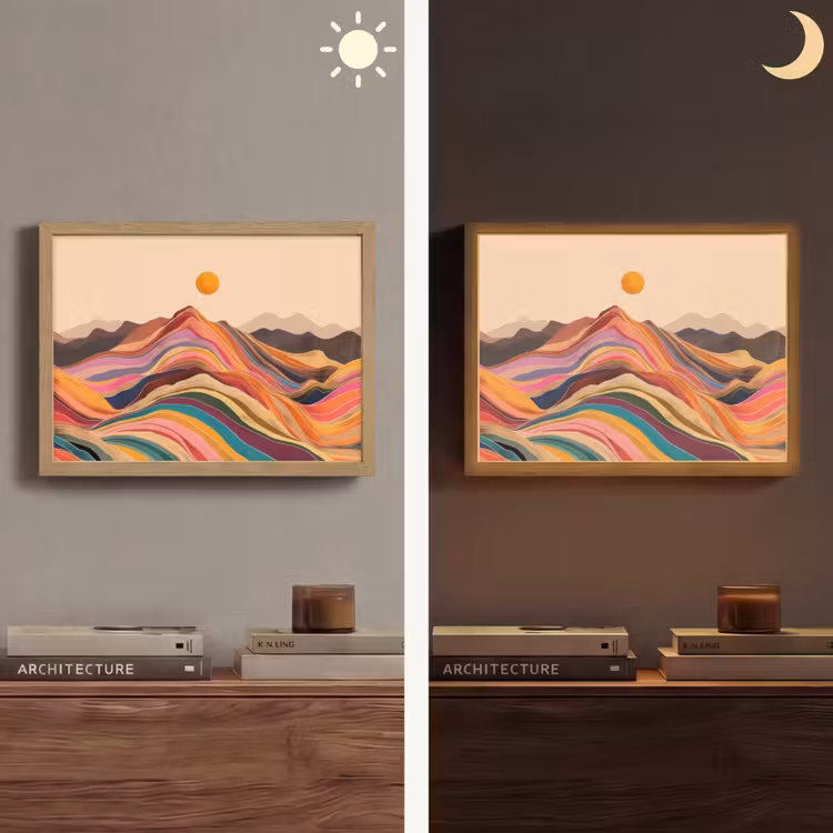 Zon - Kleurrijk landschap - Bergen Light Box met batterij (Wandlamp) middel -sfeer3