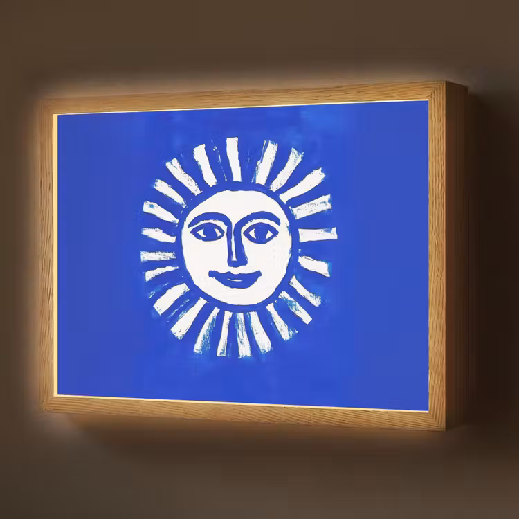 Zon - Gezicht - Penseelstructuur - Blauw Light Box met batterij (Wandlamp) middel -z3d_website