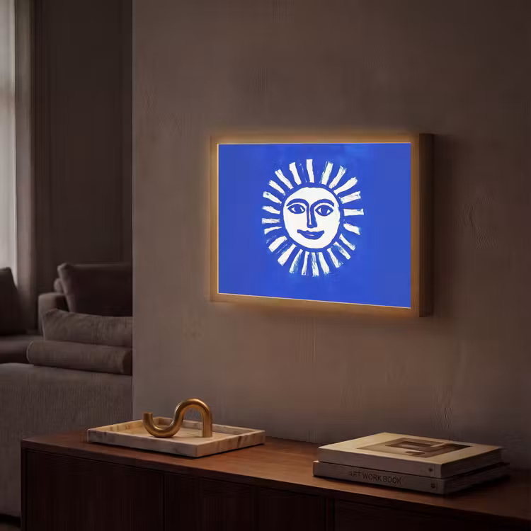 Zon - Gezicht - Penseelstructuur - Blauw Light Box met batterij (Wandlamp) middel -sfeer1