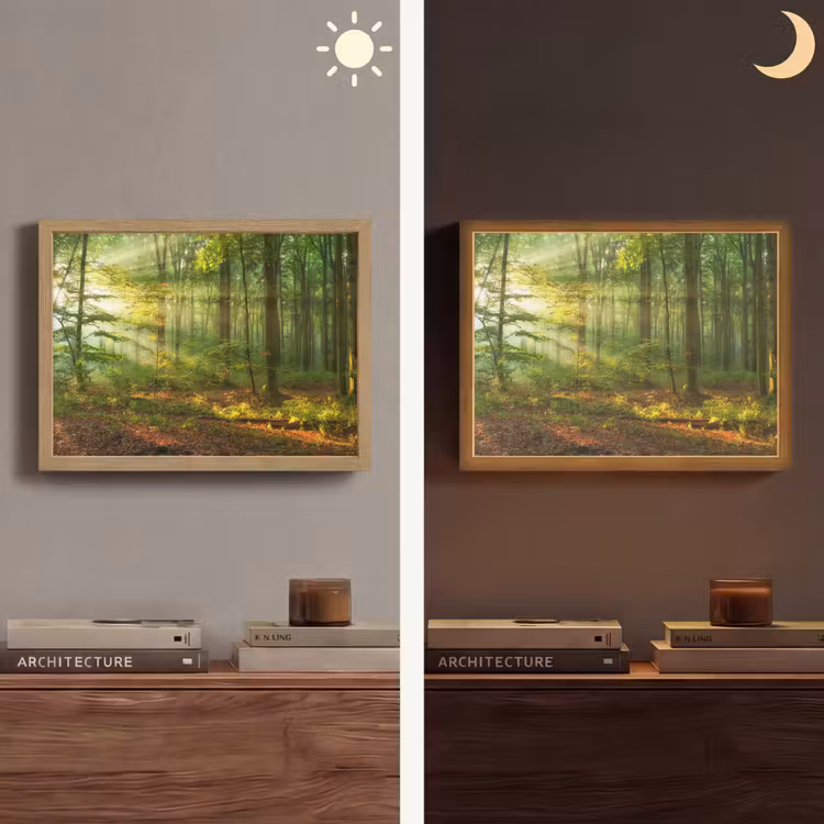 Zon - Bos - Bomen - Natuur - Herfst Light Box met batterij (Wandlamp) middel -sfeer3