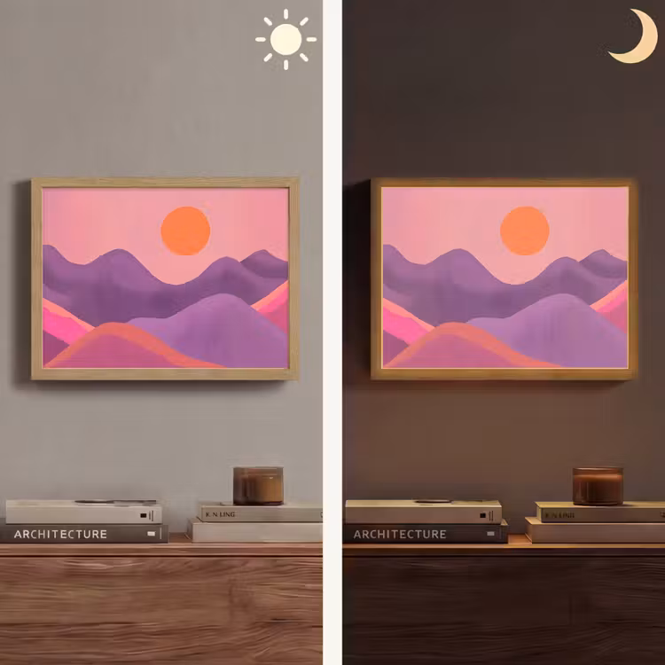 Zon - Heuvels - Paars - Abstract Light Box met batterij (Wandlamp) middel -sfeer3