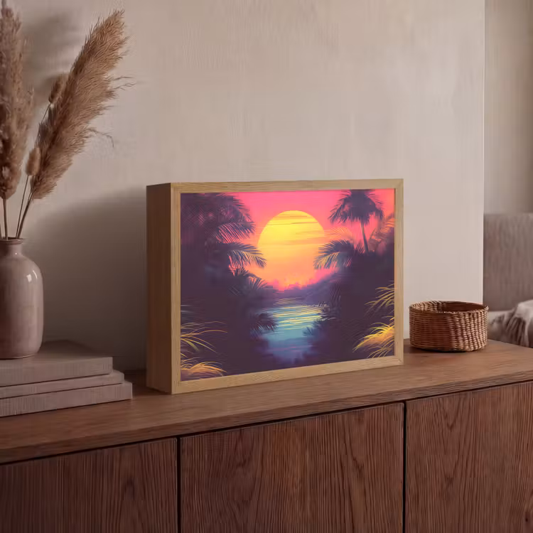 Zon - Geel - Palmbomen - Tropisch Light Box met batterij (Wandlamp) middel -sfeer2