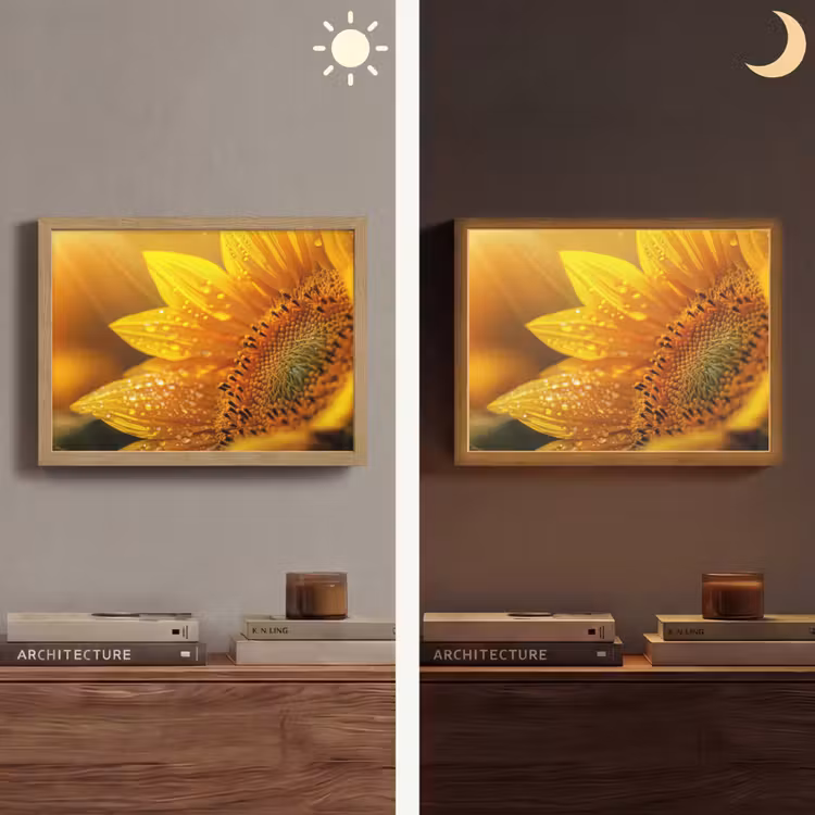 Zonnebloem - Dauwdruppels - Geel - Zonlicht Light Box met batterij (Wandlamp) middel -sfeer3