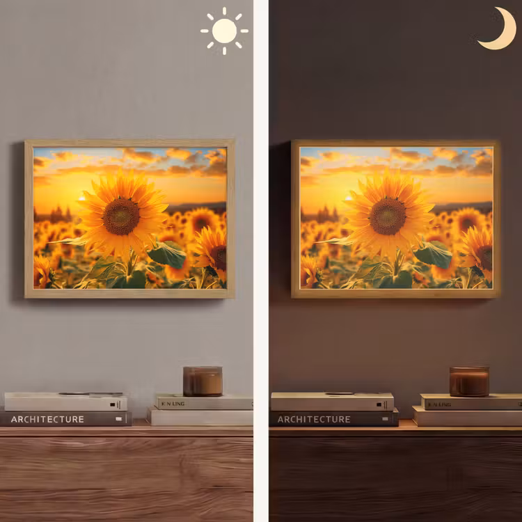 Zonnebloem - Bloemen - Geel - Bloemenveld met zonnebloemen Light Box met batterij (Wandlamp) middel -sfeer3