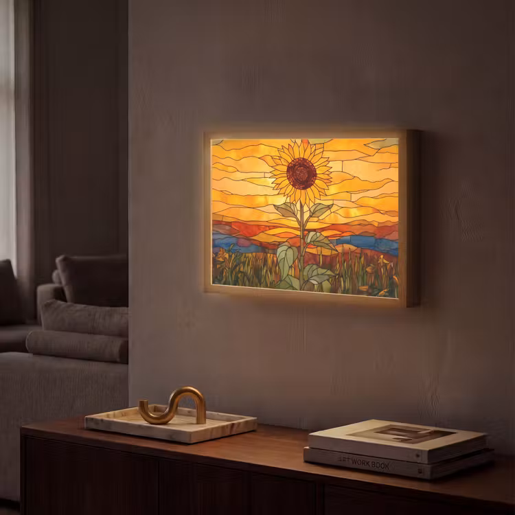 Zonnebloem - Mozaïek - Zonsondergang - Geel Light Box met batterij (Wandlamp) middel -sfeer1