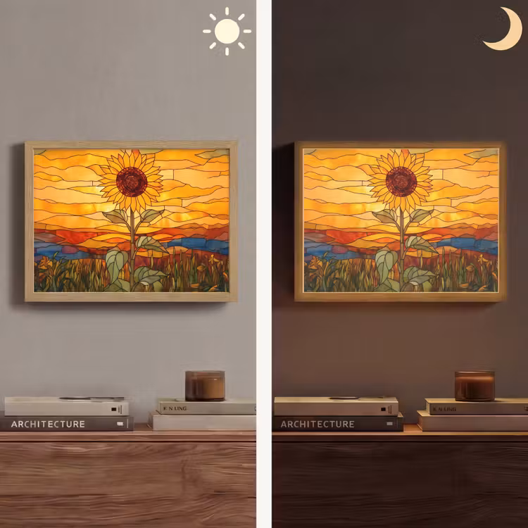 Zonnebloem - Mozaïek - Zonsondergang - Geel Light Box met batterij (Wandlamp) middel -sfeer3