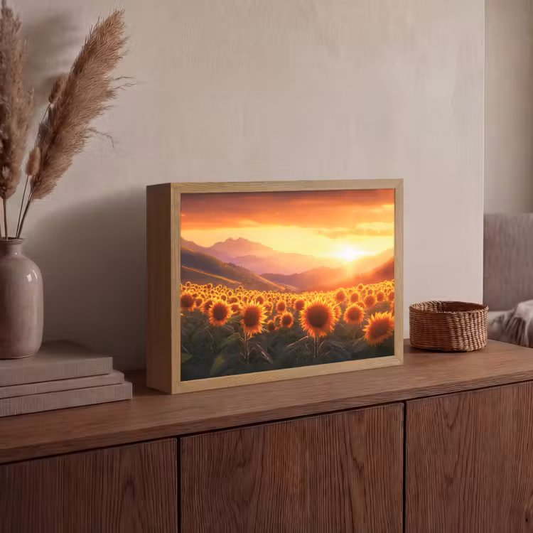 Zonnebloemen - Zonsondergang - Landschap Light Box met batterij (Wandlamp) middel -sfeer2