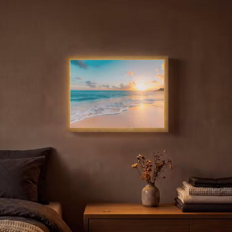 Zonsondergang - Strand - Zee - Zomer - Blauw Light Box met batterij (Wandlamp) middel -sfeer4