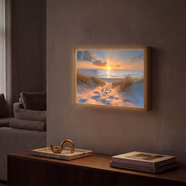 Zonsondergang - Duinen - Strand - Zee Light Box met batterij (Wandlamp) middel -sfeer1