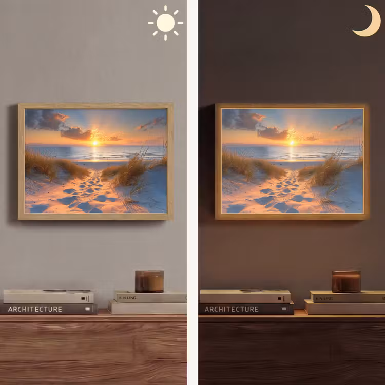 Zonsondergang - Duinen - Strand - Zee Light Box met batterij (Wandlamp) middel -sfeer3