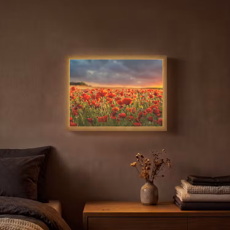 Zonsondergang - Klaprozen - Rood - Bloemen - Veld - Natuur Light Box met batterij (Wandlamp) middel -sfeer4