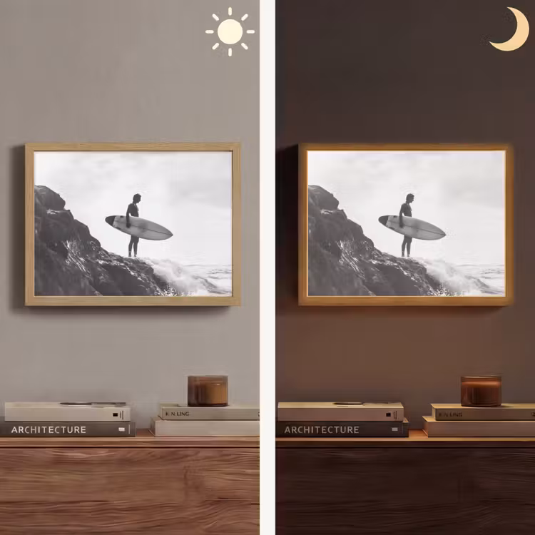 Surfer - Rots - Oceaan - Golven Light Box met batterij (Wandlamp) middel -sfeer3