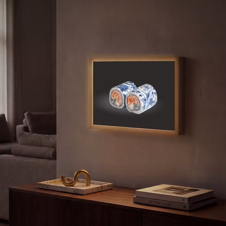 Sushi - Delfts blauw - Rijst - Vis - Elegant Light Box met batterij (Wandlamp) middel -sfeer1
