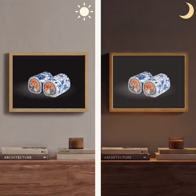 Sushi - Delfts blauw - Rijst - Vis - Elegant Light Box met batterij (Wandlamp) middel -sfeer3