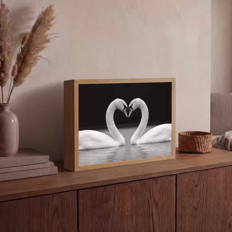 Zwanen - Hart - Zwart - Wit Light Box met batterij (Wandlamp) middel -sfeer2