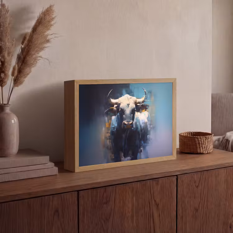 Stier - Zwart - Abstract - Horens Light Box met batterij (Wandlamp) middel -sfeer2