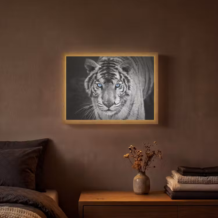Tijger - Dier - Zwart - Blauw - Modern Light Box met batterij (Wandlamp) middel -sfeer4