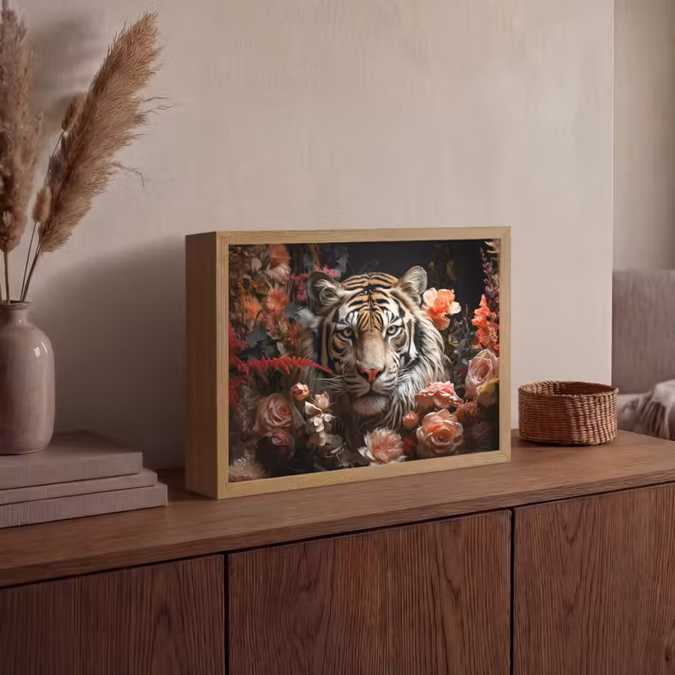 Tijger - Dier - Natuur - Bloemen - Botanisch Light Box met batterij (Wandlamp) middel -sfeer2