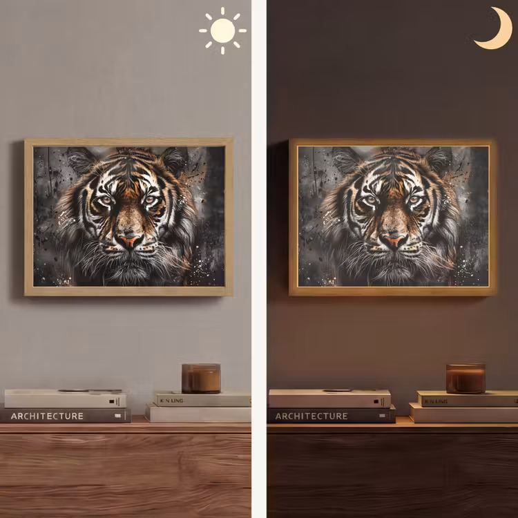Tijger - Dieren - Portret - Luxe - Zwart Light Box met batterij (Wandlamp) middel -sfeer3
