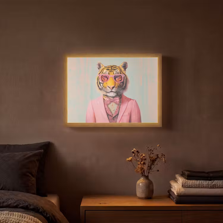 Tijger - Strik - Jasje - Roze Light Box met batterij (Wandlamp) middel -sfeer4