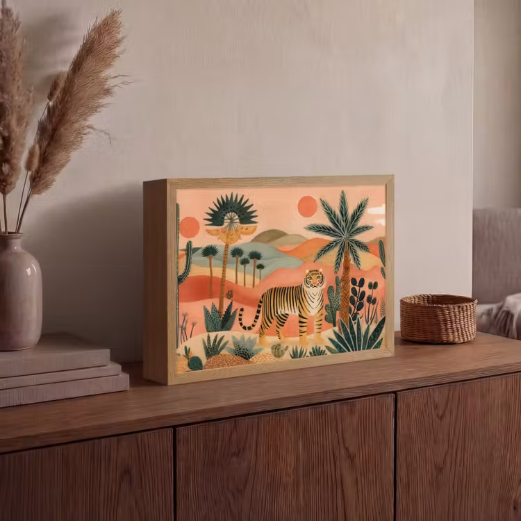 Tijger - Kleurrijk - Palmen - Cactus Light Box met batterij (Wandlamp) middel -sfeer2
