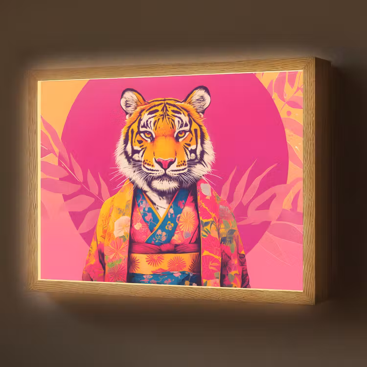 Tijger - Kimono - Planten - Roze Light Box met batterij (Wandlamp) middel -z3d_website