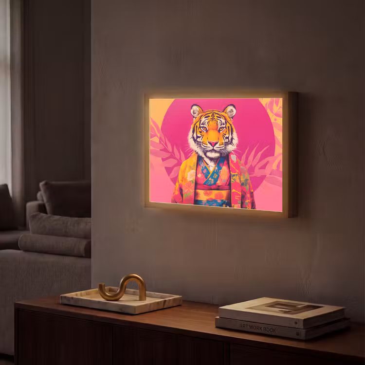 Tijger - Kimono - Planten - Roze Light Box met batterij (Wandlamp) middel -sfeer1