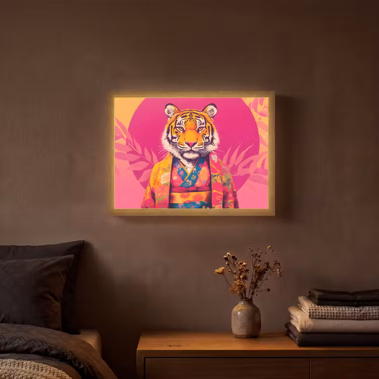 Tijger - Kimono - Planten - Roze Light Box met batterij (Wandlamp) middel -sfeer4