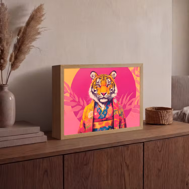 Tijger - Kimono - Planten - Roze Light Box met batterij (Wandlamp) middel -sfeer2