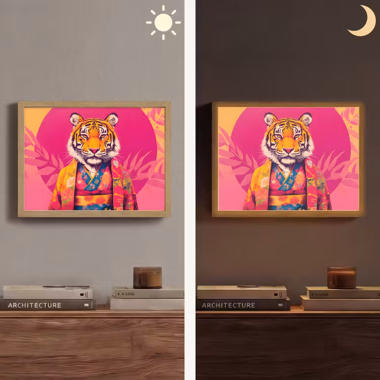 Tijger - Kimono - Planten - Roze Light Box met batterij (Wandlamp) middel -sfeer3