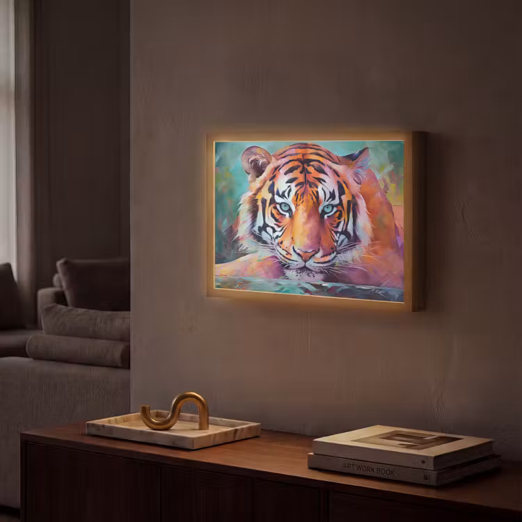 Tijger - Olieverf - Dieren - Kunst Light Box met batterij (Wandlamp) middel -sfeer1