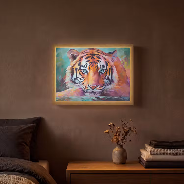 Tijger - Olieverf - Dieren - Kunst Light Box met batterij (Wandlamp) middel -sfeer4