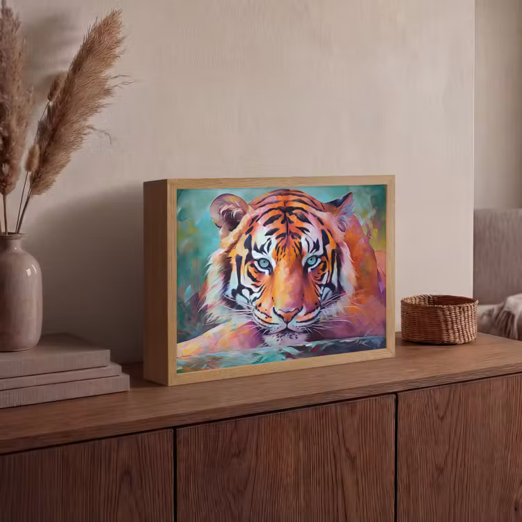 Tijger - Olieverf - Dieren - Kunst Light Box met batterij (Wandlamp) middel -sfeer2