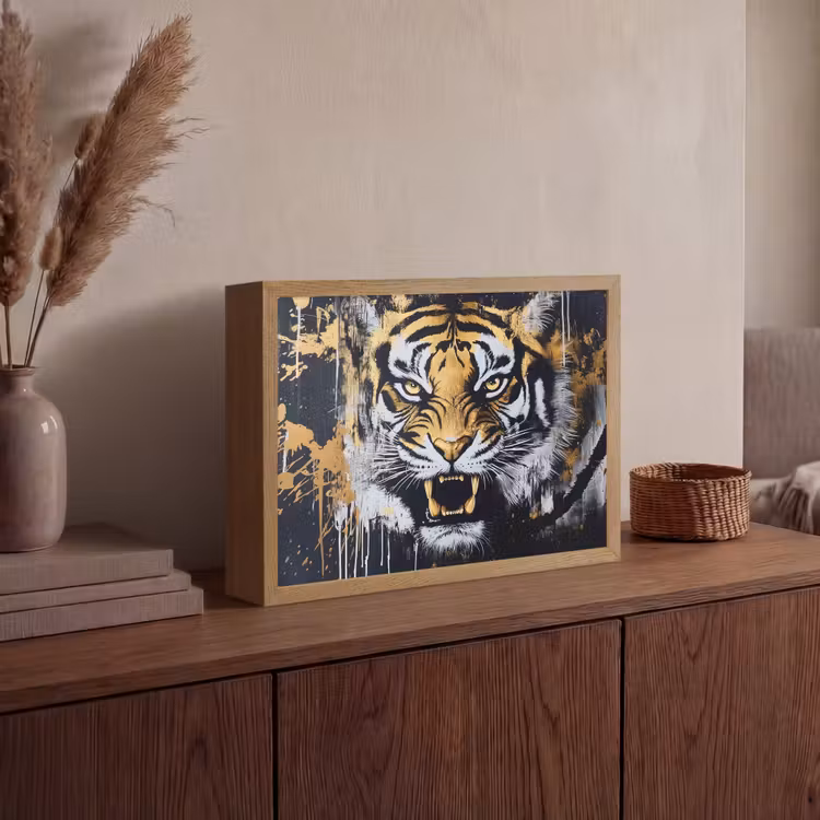 Tijger - Verfspatten - Goud Light Box met batterij (Wandlamp) middel -sfeer2