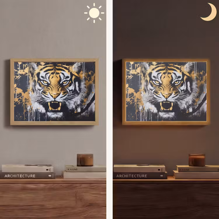 Tijger - Verfspatten - Goud Light Box met batterij (Wandlamp) middel -sfeer3