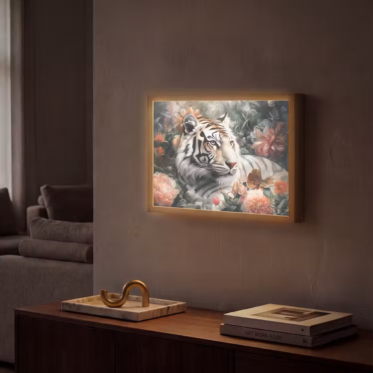 Tijger - Wilde dieren - Bloemen - Jungle Light Box met batterij (Wandlamp) middel -sfeer1