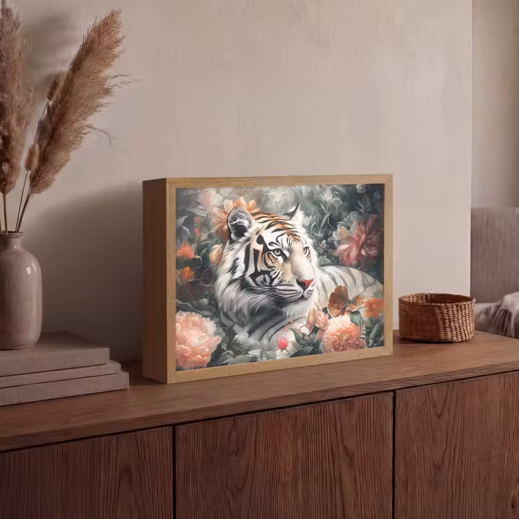 Tijger - Wilde dieren - Bloemen - Jungle Light Box met batterij (Wandlamp) middel -sfeer2