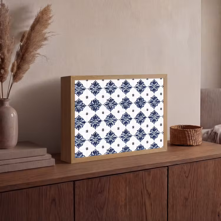 Tegelmotief - Blauw - Wit - Bloem Light Box met batterij (Wandlamp) middel 907 -sfeer2