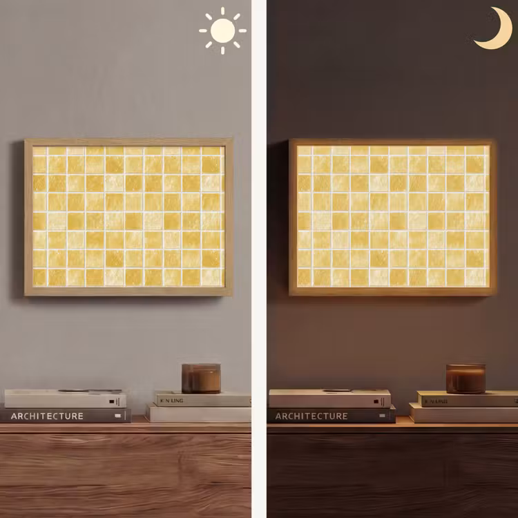Tegels - Mozaïek - Textuur - Goudgeel Light Box met batterij (Wandlamp) middel 907 -sfeer3
