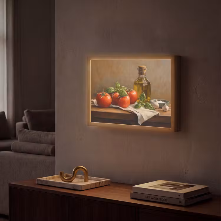 Tomaten - Olijfolie - Stilleven Light Box met batterij (Wandlamp) middel -sfeer1