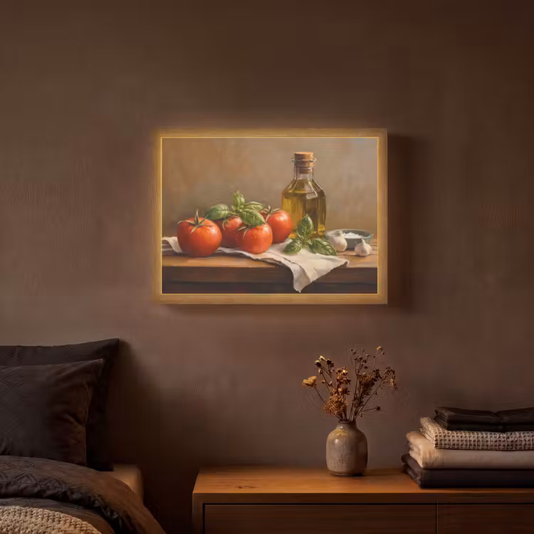 Tomaten - Olijfolie - Stilleven Light Box met batterij (Wandlamp) middel -sfeer4
