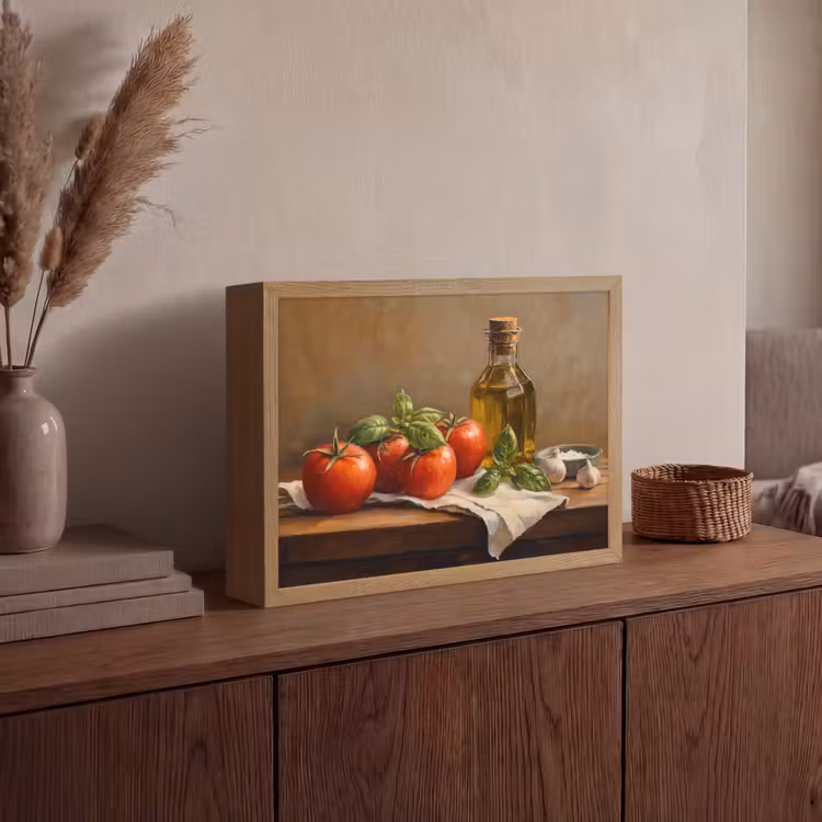 Tomaten - Olijfolie - Stilleven Light Box met batterij (Wandlamp) middel -sfeer2